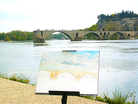 Photo of Watercolor plein air painting Le Pont d'Avignon, by John Hulsey